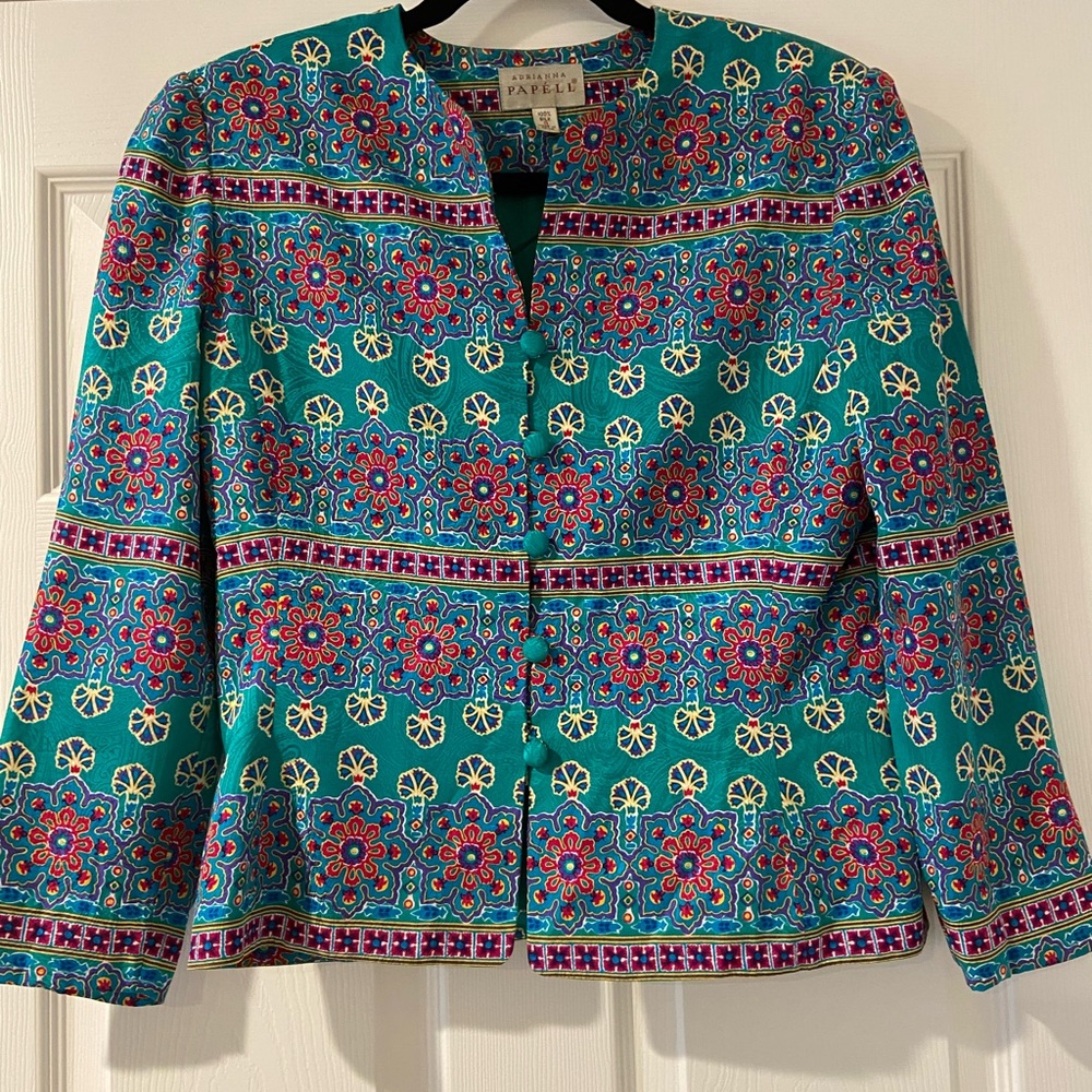 Adrianna Papell 100% Silk Multi-color Print Women's Jacket Size 8